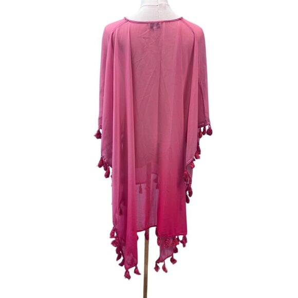 NWOT Pia Rossini Women's Pink Chiffon Cover Up with Pom Pom Trim - Picture 2 of 4